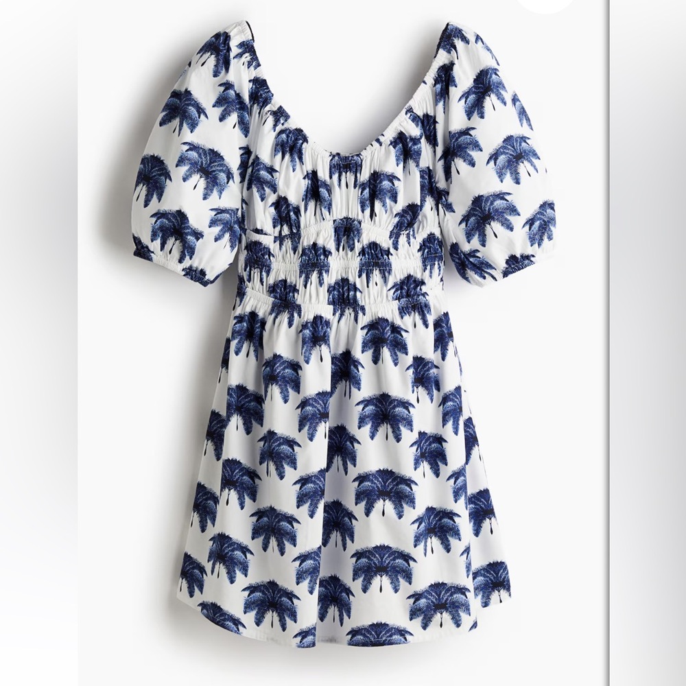 NEW H&M Smoked-Waist Mini Blue Palm Tree Print Dress Medium